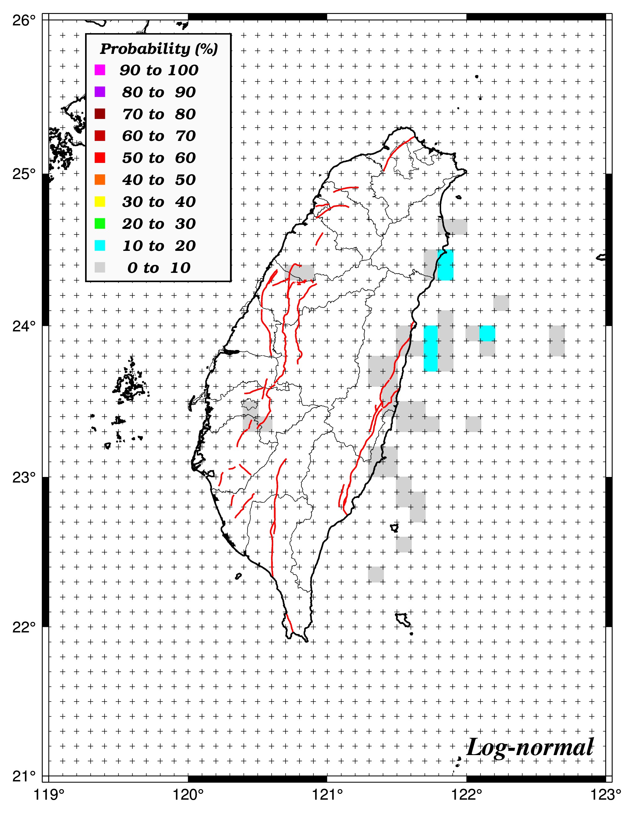 30年內發生規模6.7之機率分布圖