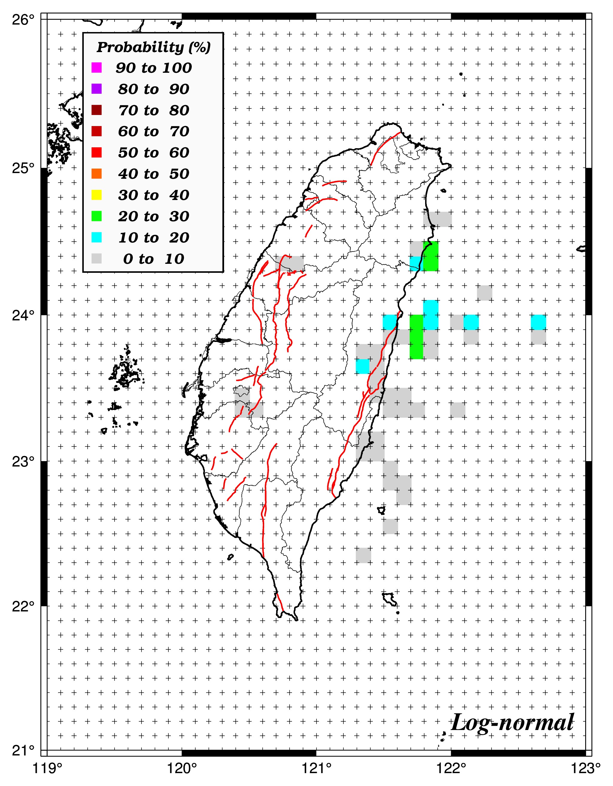 50年內發生規模6.7之機率分布圖