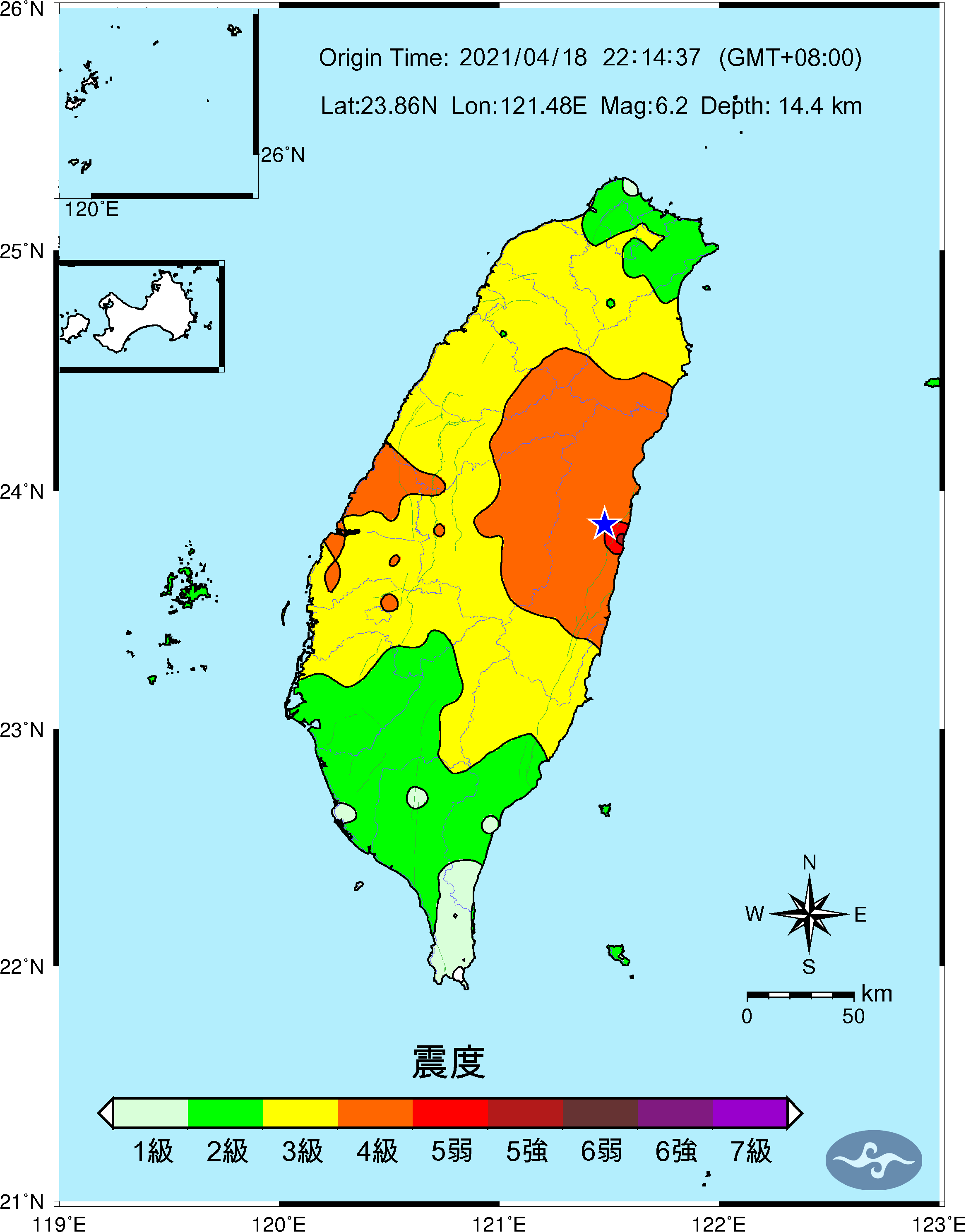 震度圖第026號4月18日22時14分規模6.2 花蓮縣政府西南方20.4 公里(位於花蓮縣壽豐鄉) - 中央氣象署地震測報中心